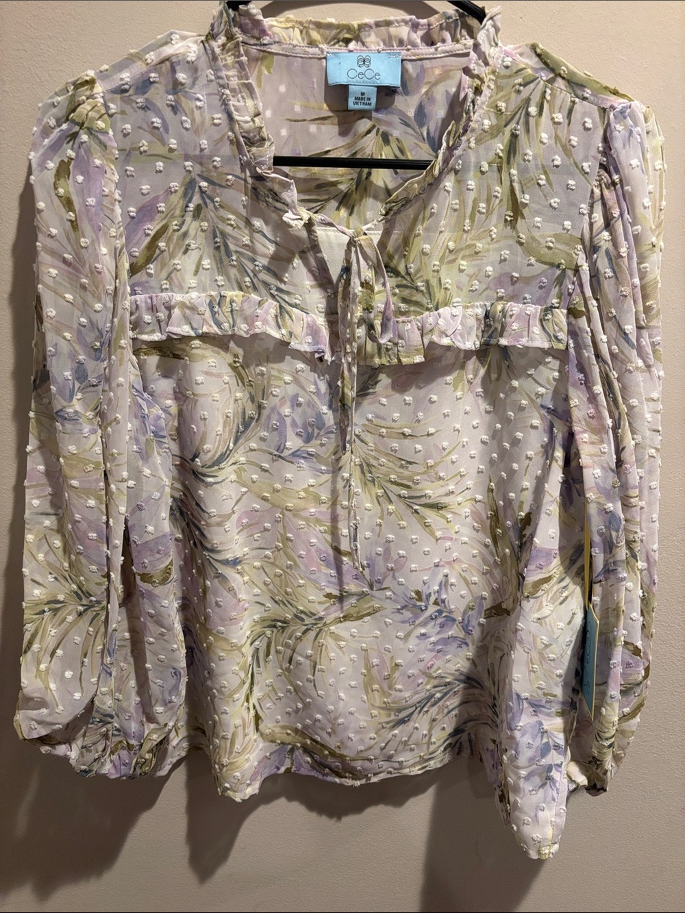 CeCe Pastel Floral Swiss-Dot Tie-Neck Blouse
